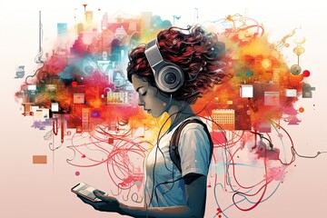 Technology, drawing of a girl wearing headphones and looking at her phone, technology at her fingertips, colorful
