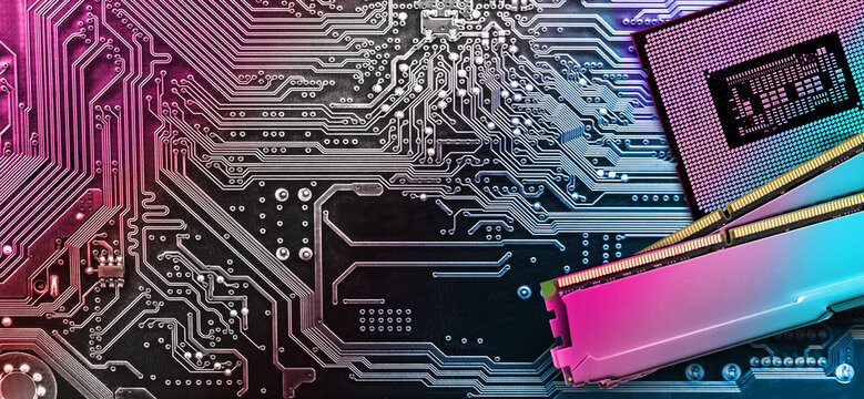 Computer memory and  processor on circuit motherboard background .