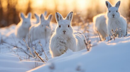 Agile snow hares, camouflaged in white, dash through snowy meadows.