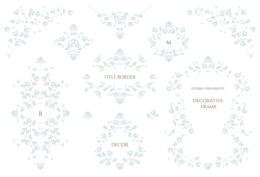Set of decorative title borders, frames, corners and monograms. Graphic design page. Floral pattern.
