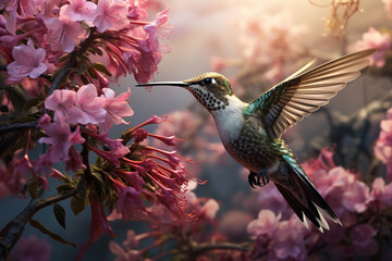 Fototapeta premium Image of a hummingbird flying and beautiful flowers, Bird, Wildlife Animals., Generative AI, Illustration.