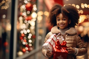 Obraz na płótnie Canvas African American girl with a Christmas gift on the background of the Christmas tree in mall. Smiling girl is standing with the gift next the christmas tree in mall. Christmas sales concept.