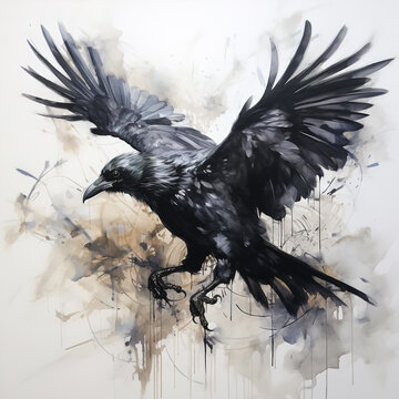 Image of painting crow flying on white background. Birds. Wildlife Animals. Illustration, Generative AI.