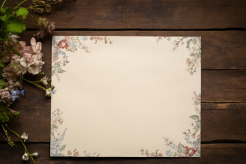 Fototapeta na wymiar Blank paper and flowers on country rustic wooden table background for printable art, paper, stationery and greeting card mockup