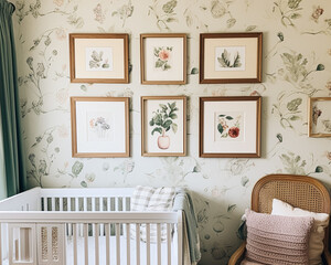 Nursery gallery wall, home decor and wall art, framed art in the English country cottage interior, room for diy printable artwork mockup and print shop