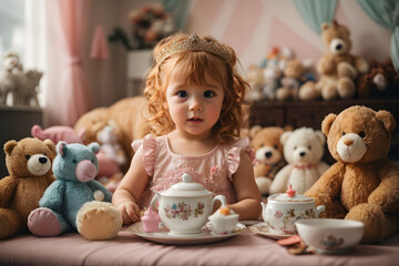 cute toddler dressed as a princess playing a tea party with adorable stuffed animals. Image created using artificial intelligence.