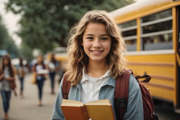 Happy teenager female student holding books looking at camera with blurred school bus on background. Image created using artificial intelligence.