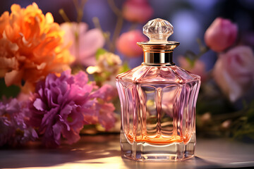 Obraz na płótnie Canvas Perfume Bottle with pink flowers on pastel background.Beauty concept.