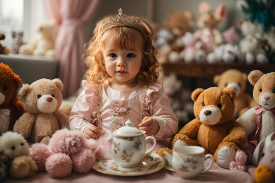cute toddler dressed as a princess playing a tea party with adorable stuffed animals. Image created using artificial intelligence.