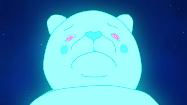 Thunder and lightening hit magic blue bear glowing in the dark against night sky. Magical creature of dense woods with spiral eyes. Crazy. Cartoony 2d animation. Animated cartoon. Film grain pixel. 