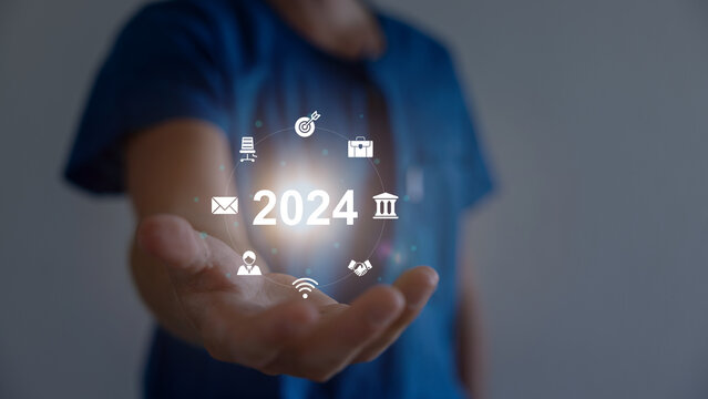 2024 new year for future business development related to artificial intelligence (AI) digital technology. Online data and business security.