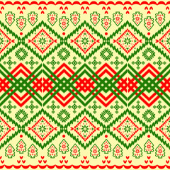 Ugly sweater Merry Christmas Happy New Year illustration knitted background seamless pattern folk style scandinavian ornaments. Wallpaper wrapping paper textile print. White, red, green colors.