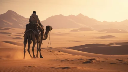Foto auf Leinwand Riding a camel in the desert, AI generated Image © musa