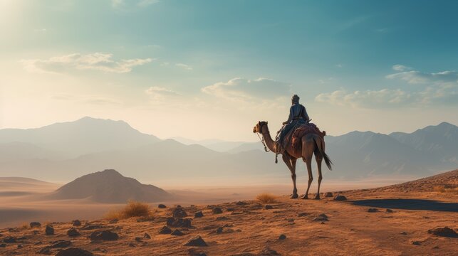 Riding a camel in the desert, AI generated Image