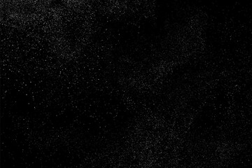 Distressed white grainy texture. Dust overlay textured. Grain noise particles. Snow effects pack. Rusted black background. Vector illustration, EPS 10.  