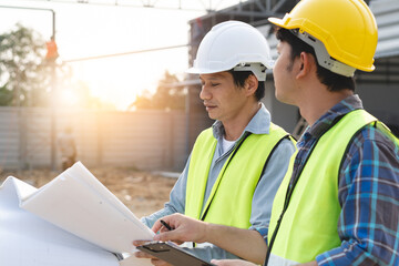 Fototapeta premium Builder engineer and supervisor consultant inspection job plan concept, Asian contractor and foreman looking blueprint in computer laptop and checking process plan of factory warehouse construction