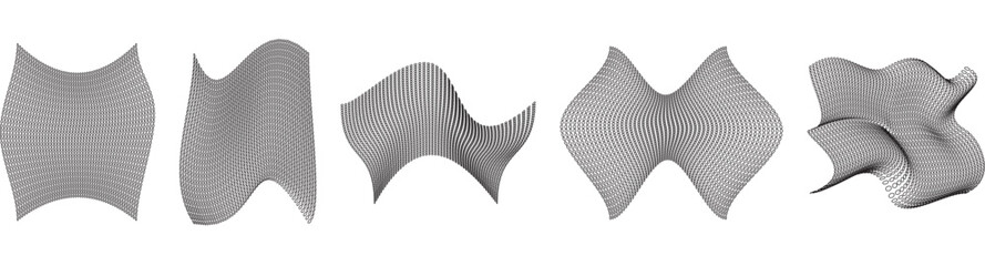 Dotted halftone waves. Abstract liquid shapes, wave effect dotted gradient texture waves isolated vector symbols set. Halftone graphic dots waves. Wave dotted halftone, creative shape abstract.