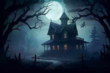 Fototapeta na wymiar A creepy haunted house with fog covered