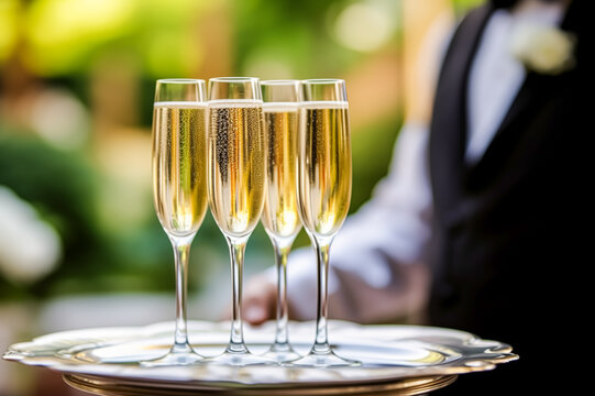 Luxury service, glasses of champagne served by a waiter at a wedding celebration or event in formal English style at luxurious hotel or country estate garden, generative ai