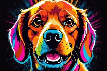 Bright drawing of a dog, dachshundakita, on T-shirt on a black background. Satirical, pop art style, vibrant colors, iconic characters, action-packed, suitable for mascot, logo or reproduce on canvas