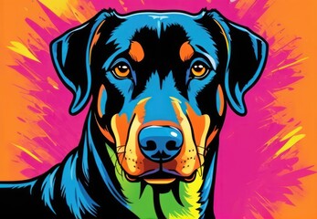 Obraz premium Bright drawing of a dog, doberman, on a T-shirt on a black background. Satirical, pop art style, vibrant colors, iconic characters, action-packed, suitable for mascot or logo or reproduce on canvas