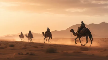 Deurstickers Herd of camel riders in the desert, AI generated Image © musa