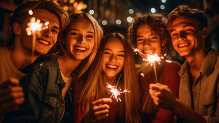 photo of Party with friends. Group of cheerful young people carrying sparklers and champagne flutes