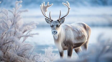 Naklejka na ściany i meble Majestic reindeer, antlers crowned with ice crystals, graze on frozen tundra.