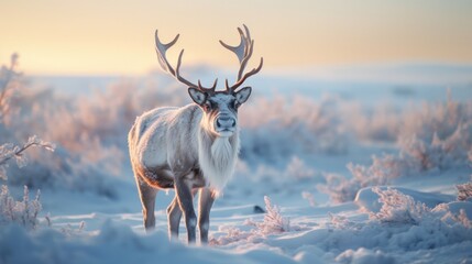 Majestic reindeer, antlers crowned with ice crystals, graze on frozen tundra. - obrazy, fototapety, plakaty