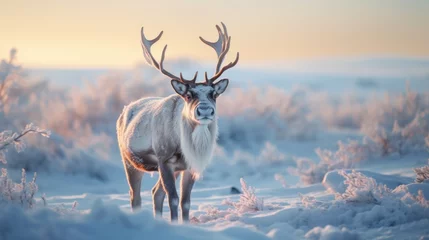 Deurstickers Toilet Majestic reindeer, antlers crowned with ice crystals, graze on frozen tundra.