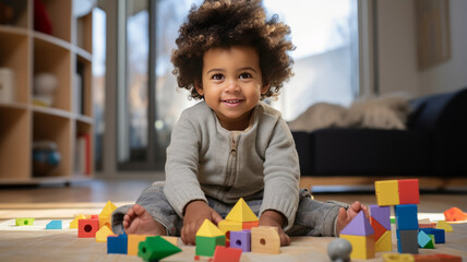 a young African American toddler playing with colorful wooden block toys.