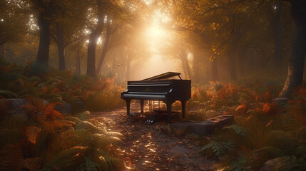 Surreal dreamscape forest and sunset and black grand piano. Generative AI