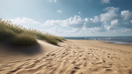 Beach Sand Sea Background, Summer Shore Water Blue Sky White Cloud Season. Generative AI