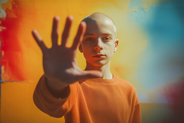 Bald Boy's Vibrant Stop: Dynamic Multicolored Groove, Youthful Social Media