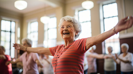Elderly women doing exercise in the nursing home, senior movement and recreation, never too old for working out.