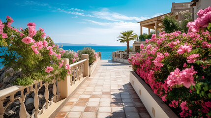 Obraz na płótnie Canvas Beautiful resort promenade with blooming colorful oleanders against a backdrop of the Mediterranean Sea and blue sky Generative Ai