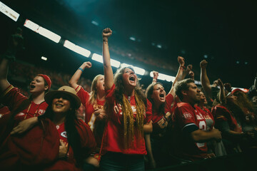 passionate NFL fan base, with fans decked out in team colors, cheering loudly in a packed stadium during a crucial game