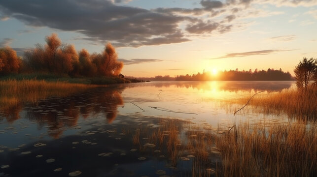 sunset at coast of the lake. Nature landscape. Generative AI