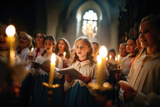 a choir performing traditional Christmas carols in a candlelit church, conveying the spirit of unity and reverence during the holiday season