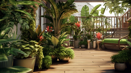 Fototapeta na wymiar Lots of beautiful green lush indoor plants on the terrace. Decoration and landscaping of the terrace generative AI