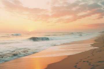 serene beach at sunrise, capturing the gentle waves and warm hues of the sky