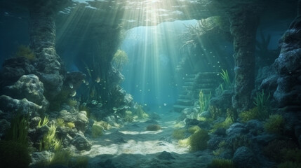 Fototapeta na wymiar Underwater cave with columns and rock. Soft focus. Generative AI