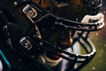 closeup of an NFL player's helmet, highlighting the details of the team logo and the sweat - soaked intensity of a hard - fought game
