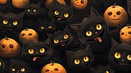 Fotobehang Pattren background of Cartoon Mischievous black cats in different poses: playing with a ball of ghostly yarn, wearing oversized monster masks, or taking a nap inside a pumpkin © Narut