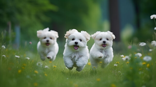White fluffy cheerful happy pretty puppies of Maltese Generative Ai