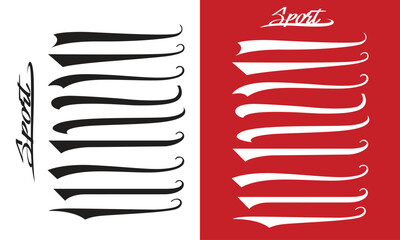 Calligraphic swoosh. Underline, highlighter marker strokes, waves brush marks. calligraphic swoosh tail set collection. Vector baseball & football swooshes, vintage sports logo graphics 2 - obrazy, fototapety, plakaty