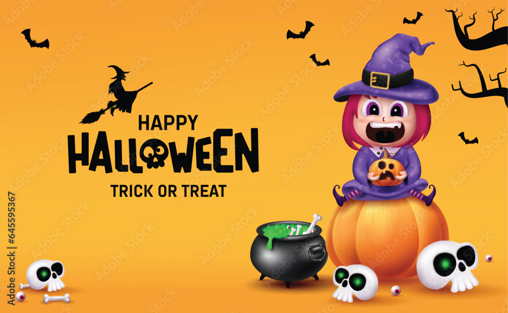 Wall mural halloween witch character vector design. happy halloween and trick or treat text in orange space wit - Wall murals