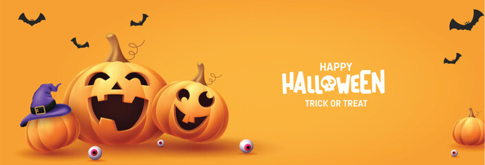 Halloween text vector design. Happy halloween trick or treat in orange space with pumpkins lantern elements decoration. Vector illustration party holiday background.
