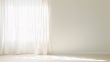 Minimalistic abstract gentle white background with light and shadow of window curtains on wall.