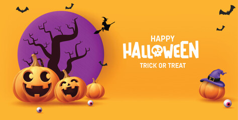 Happy halloween text vector design. Halloween trick or treat invitation card with cute pumpkins character elements. Vector illustration horror party card background.
